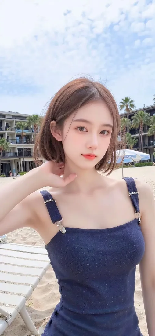 短发美女手机壁纸｜海边背景图片 - 蓝色吊带裙「哲风壁纸」
