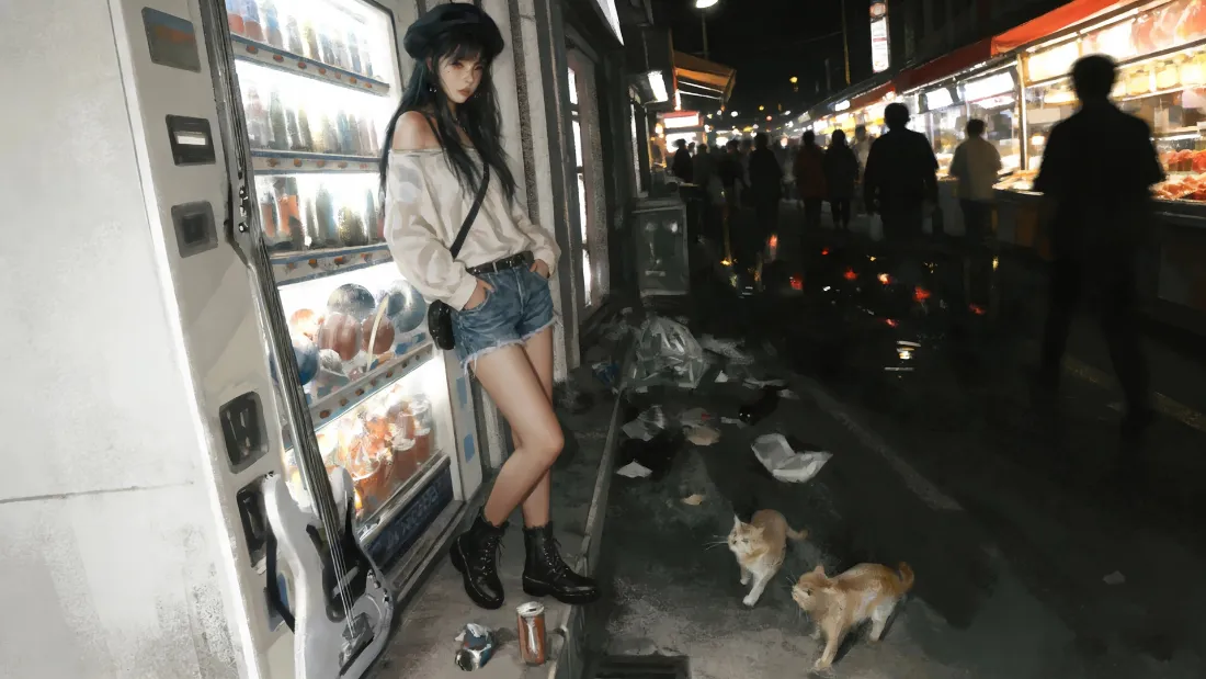 2k少女猫咪夜市壁纸｜街道背景图片 - 自动售货机旁「哲风壁纸」