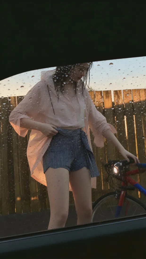 女孩雨天自行车手机壁纸｜车窗背景图片 - 潮湿穿搭「哲风壁纸」