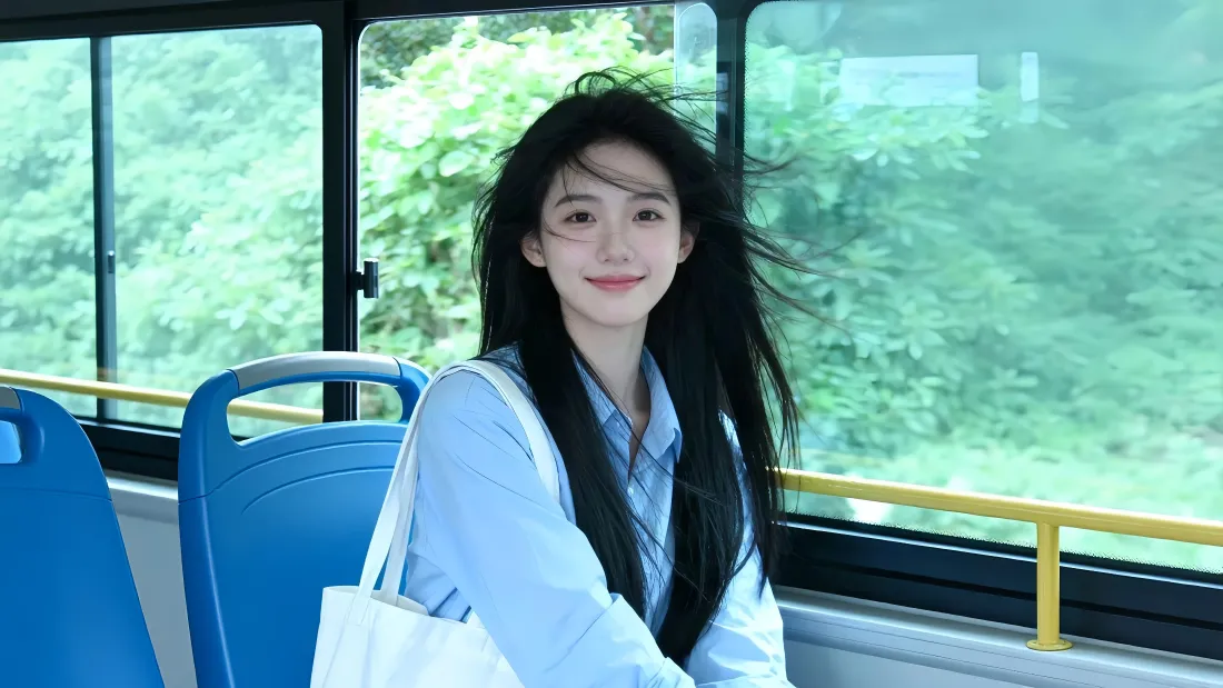 4k甜妹壁纸｜公交车背景图 - 绿色窗外清新风「哲风壁纸」