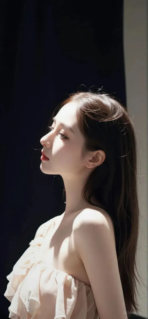 长发美女手机壁纸｜暗色背景图片 - 浅粉露肩裙「哲风壁纸」