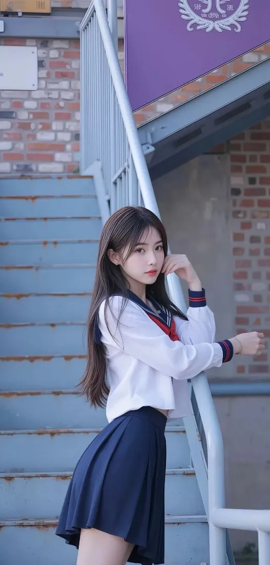 JK制服美女手机壁纸｜校园楼梯背景 - 清纯日系「哲风壁纸」