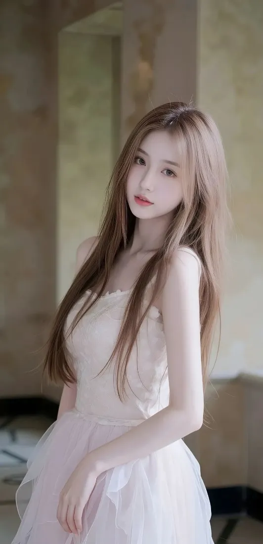 美女手机壁纸｜室内背景图片 - 白色连衣裙长发「哲风壁纸」