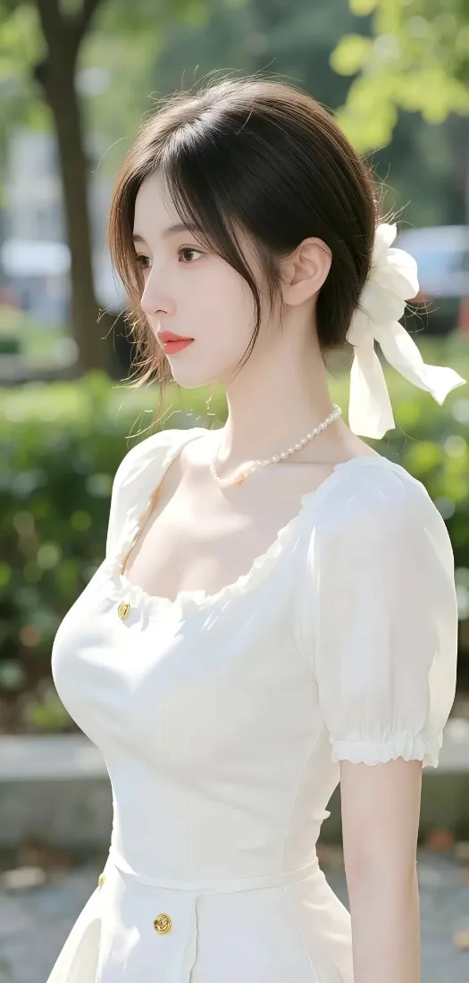 白衣美女手机壁纸｜户外背景图片 - 白色连衣裙丝带「哲风壁纸」