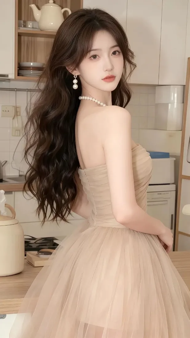 长发美女Ios手机壁纸｜厨房背景图片 - 纱裙迷人「哲风壁纸」