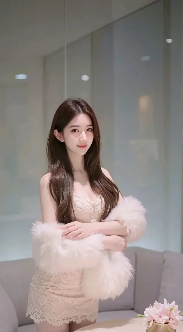 美女手机壁纸｜室内背景图 - 毛绒披肩 浅色裙装「哲风壁纸」