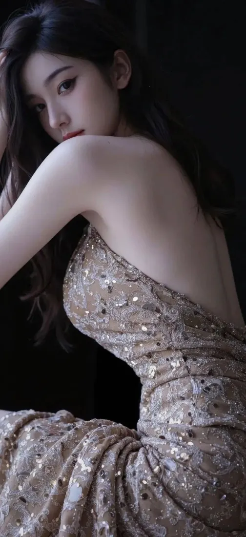 金色礼服美女手机壁纸｜黑色背景图 - 露背长裙「哲风壁纸」