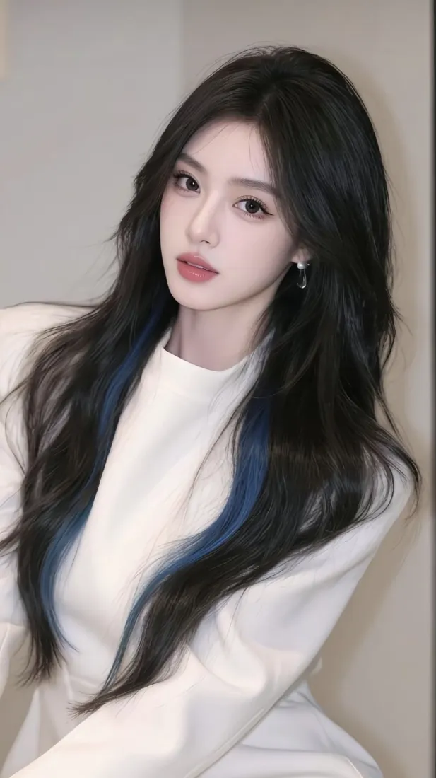 长发美女手机壁纸｜简约背景图 - 蓝挑染白衣美女「哲风壁纸」