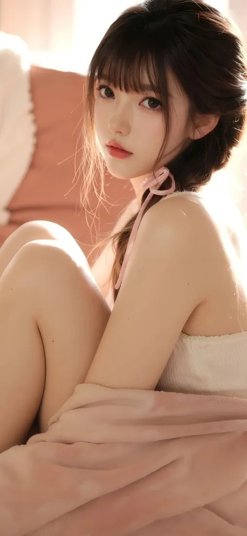 美女手机壁纸｜粉色毯子背景 - 室内温馨坐姿「哲风壁纸」