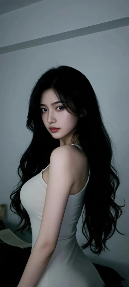 美女手机壁纸｜暗色背景图片 - 吊带裙长发「哲风壁纸」