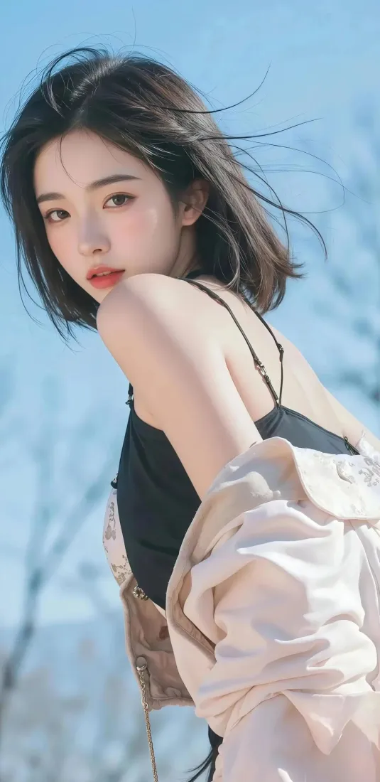 短发美女手机壁纸｜蓝天背景图片 - 时尚穿搭「哲风壁纸」