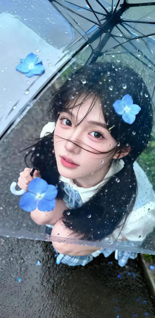 撑伞美女手机壁纸｜蓝色花朵背景图片 - 雨天Ios「哲风壁纸」