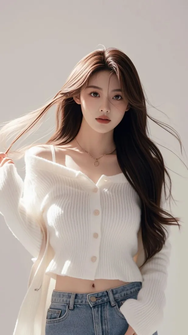 白衣美女手机壁纸｜简约背景图 - 牛仔裤时尚穿搭「哲风壁纸」