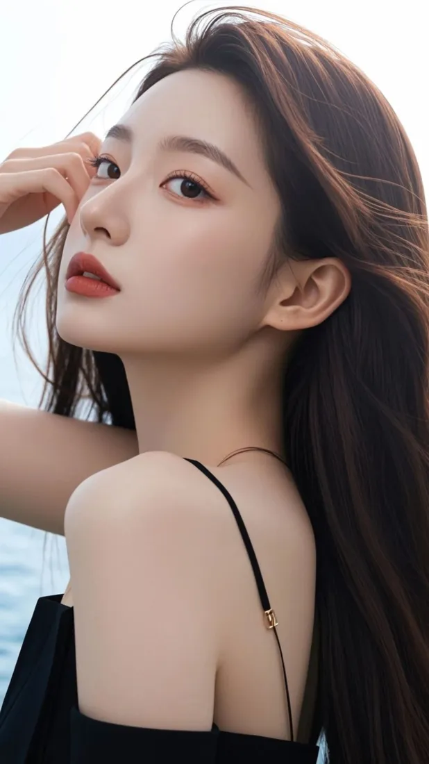 黑衣美女手机壁纸｜海边背景 - 红唇吊带写真「哲风壁纸」