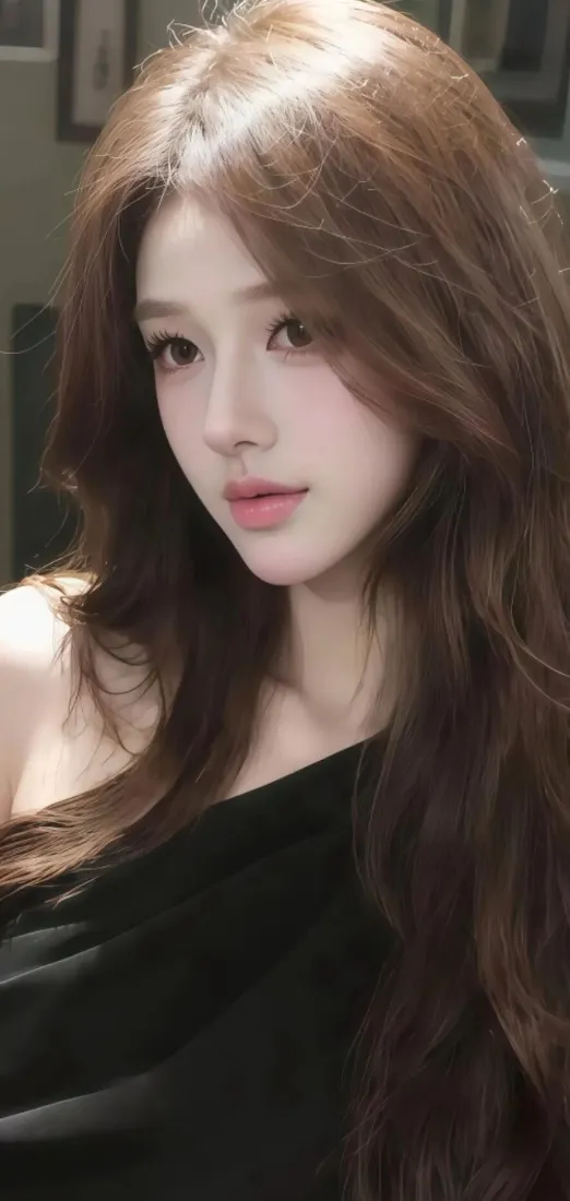 长发美女手机壁纸｜Ios背景图 - 黑色单肩装「哲风壁纸」