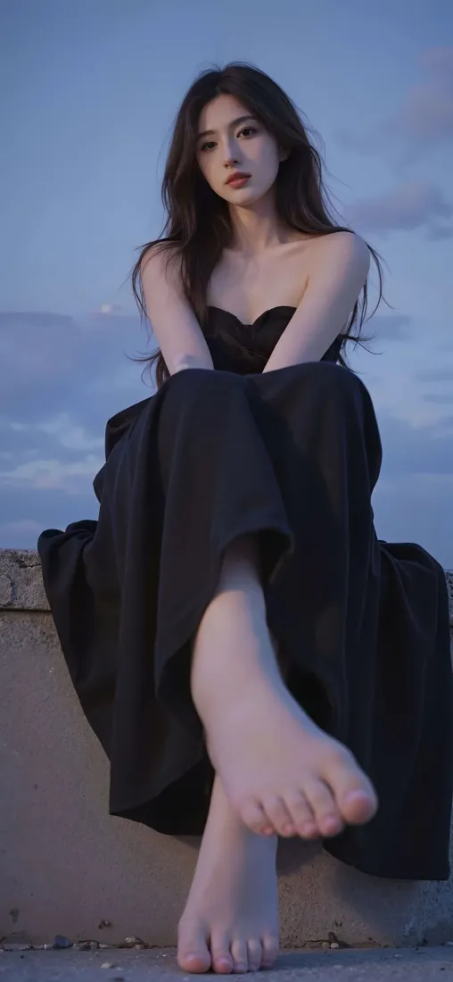 黑衣美女手机壁纸｜蓝天背景图片 - 赤脚长裙Ios「哲风壁纸」