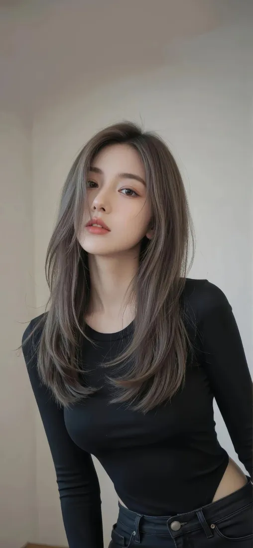 美女手机壁纸｜室内背景图 - 黑色上衣牛仔裤「哲风壁纸」