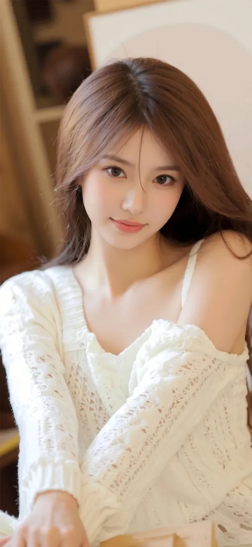 美女手机壁纸｜室内背景图 - 白色针织衫穿搭「哲风壁纸」