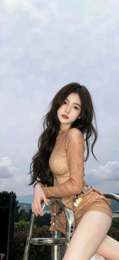 美女手机壁纸｜户外背景图片 - 棕色紧身衣美女「哲风壁纸」