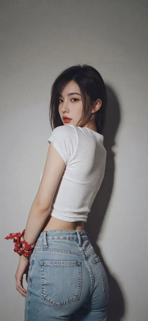 白衣美女手机壁纸｜灰色背景图片 - 牛仔裤红手链「哲风壁纸」