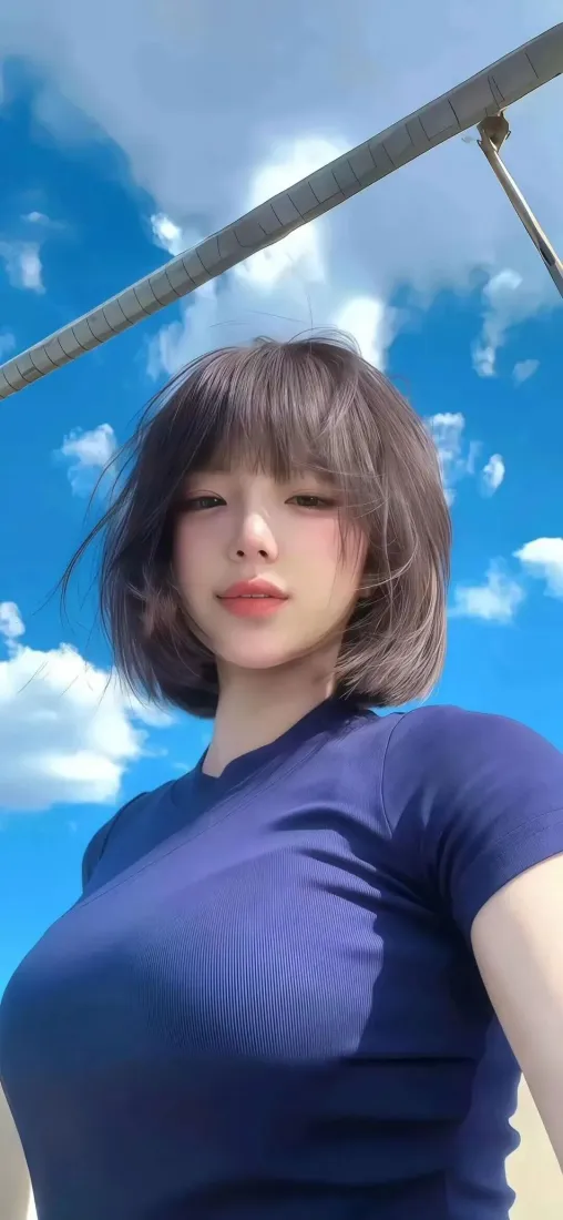 短发美女手机壁纸｜蓝天背景图片 - 蓝色上衣「哲风壁纸」