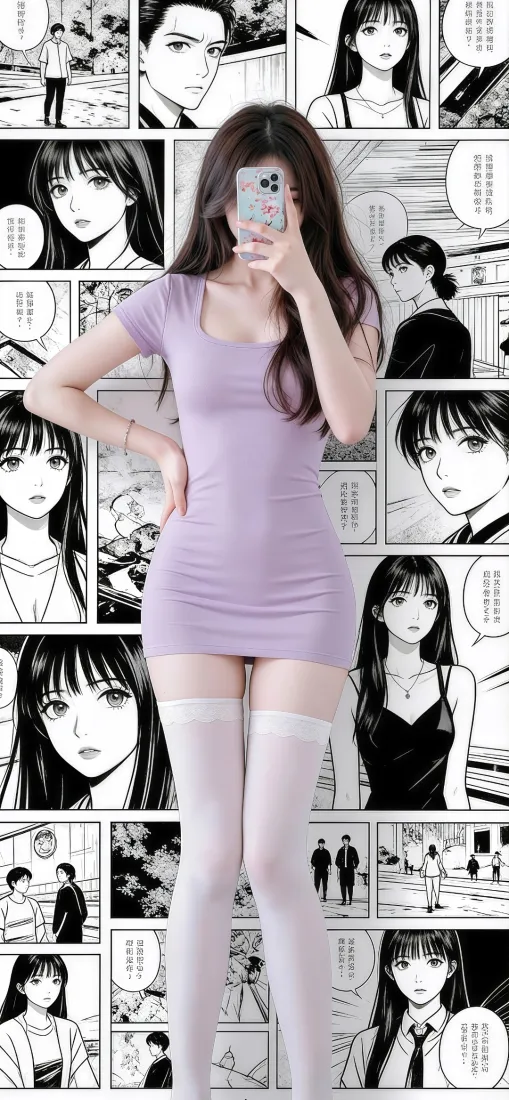 美女手机壁纸｜漫画背景图片 - 浅紫裙白长袜自拍「哲风壁纸」