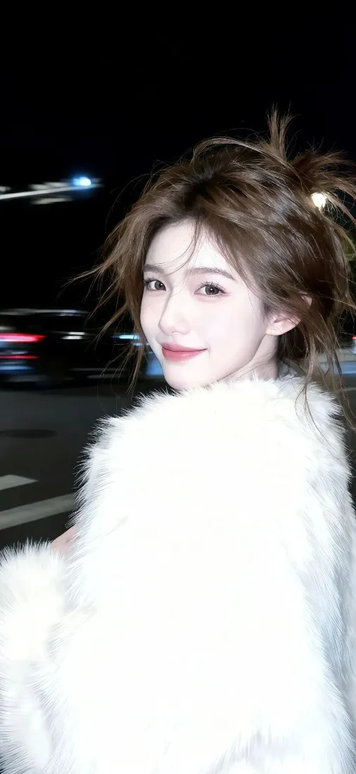 白衣美女手机壁纸｜夜景街道背景图片 - 车灯「哲风壁纸」