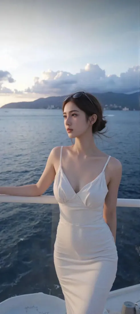 白衣美女手机壁纸｜海边游艇背景图片 - 日落海景「哲风壁纸」