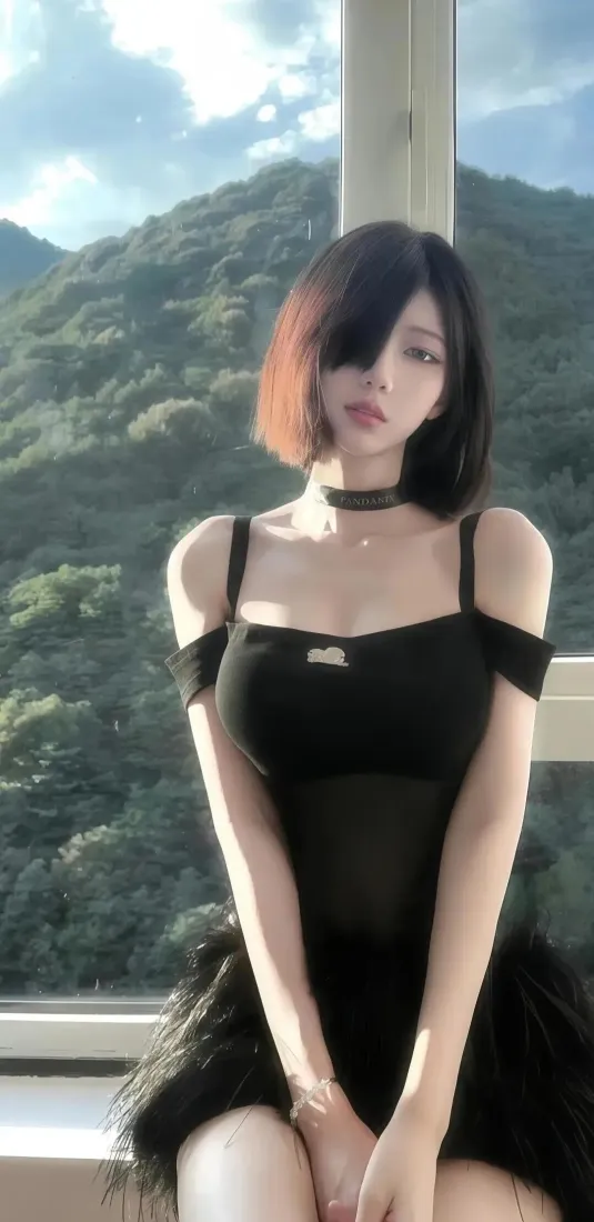 黑衣美女手机壁纸｜山景背景图片 - 窗边「哲风壁纸」