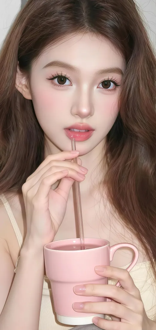 长发美女手机壁纸｜粉色杯背景图 - Ios「哲风壁纸」