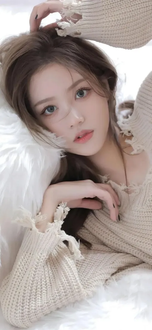 美女米色毛衣手机壁纸｜白色背景图 - 温柔居家「哲风壁纸」