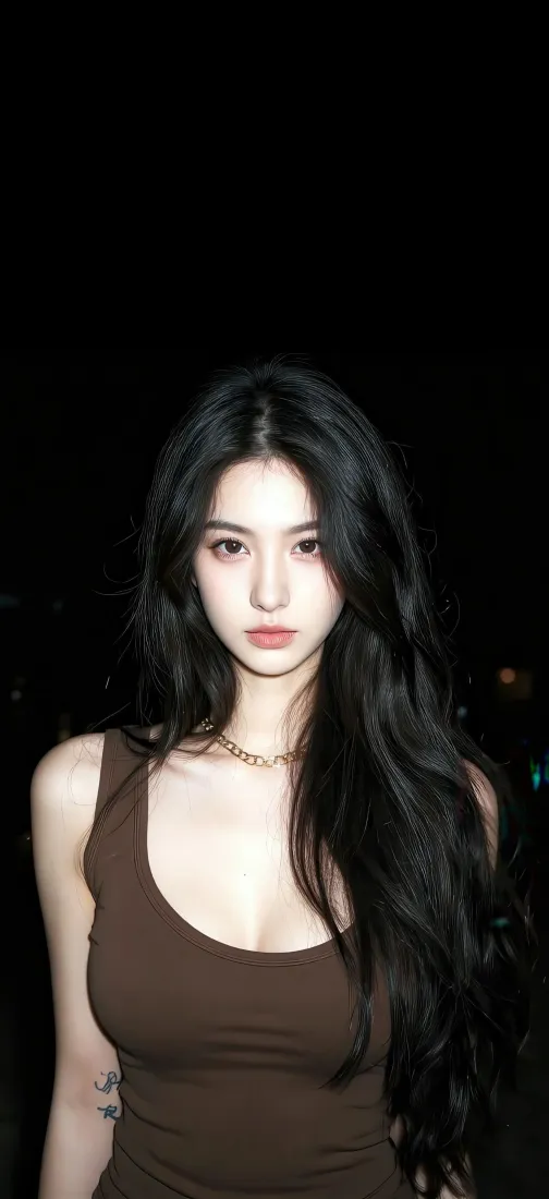 黑发美女手机壁纸｜夜晚背景图片 - 棕色背心「哲风壁纸」