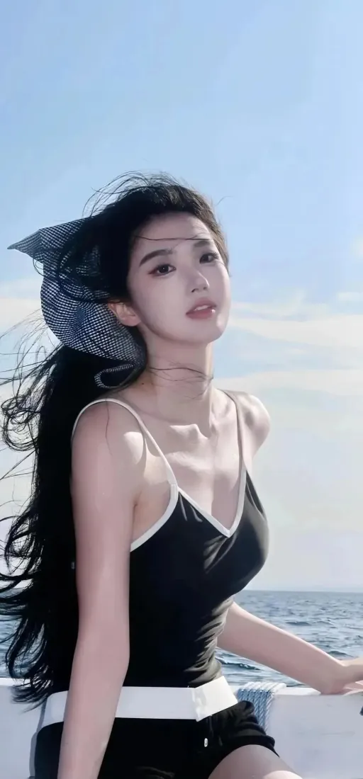 海边美女手机壁纸｜蓝天大海背景 - 黑色泳衣「哲风壁纸」