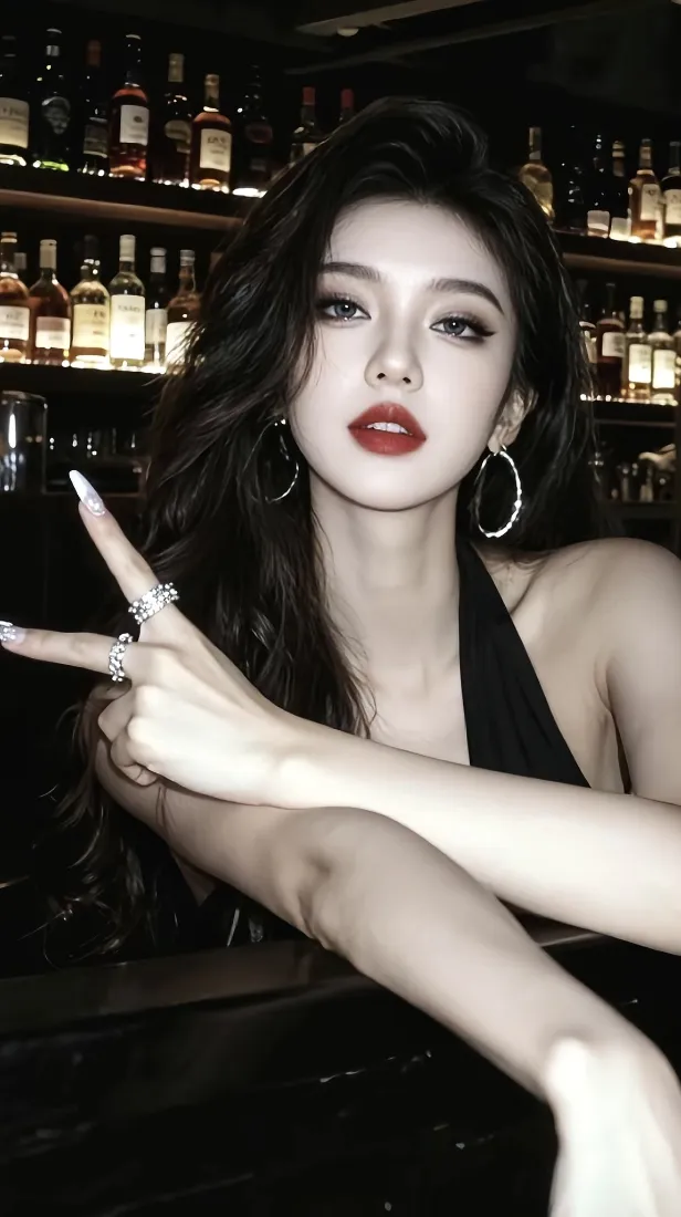 黑衣美女手机壁纸｜酒吧背景图 - 红唇比耶「哲风壁纸」