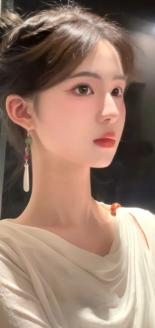 白衣美女手机壁纸｜精致妆容背景图 - 长耳环简约穿搭「哲风壁纸」