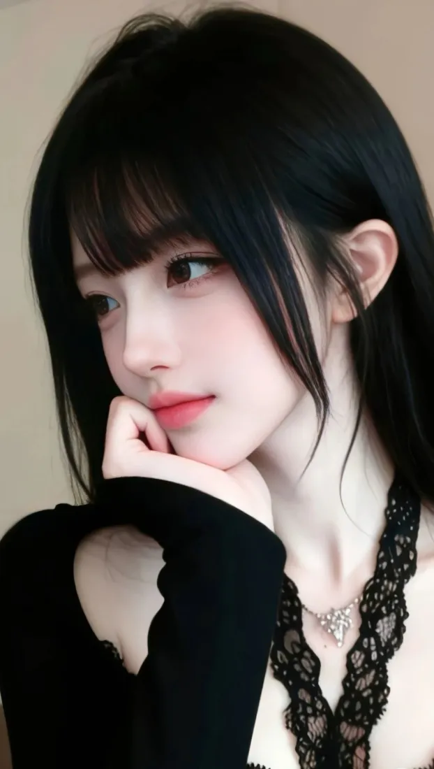 黑发美女手机壁纸｜柔和背景图片 - 黑衣蕾丝项链「哲风壁纸」