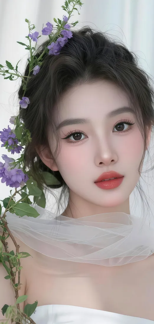 花环美女手机壁纸｜紫色花背景图 - 白衣清新「哲风壁纸」