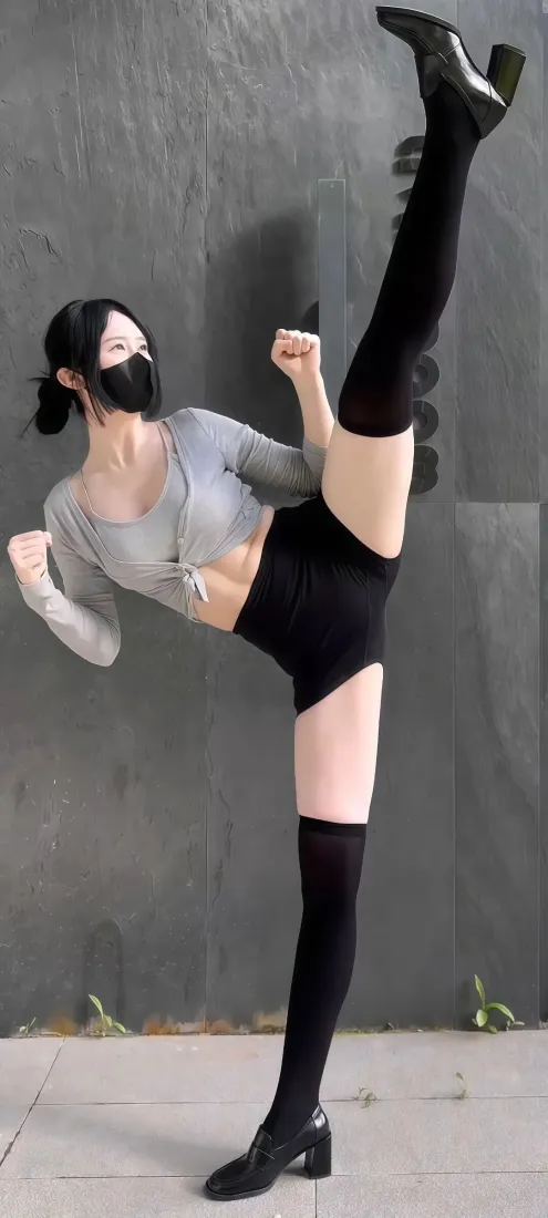 口罩美女高踢腿手机壁纸｜灰色墙面背景 - 黑色短裤过膝袜「哲风壁纸」