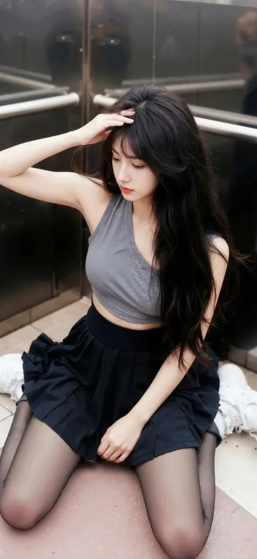 美女黑丝短裙手机壁纸｜灰色背心背景图片 - 室内长发「哲风壁纸」