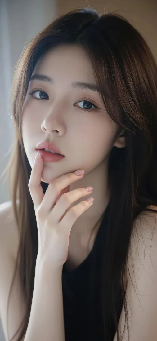长发美女手机壁纸｜黑衣背景图片 - 温柔精致妆容「哲风壁纸」