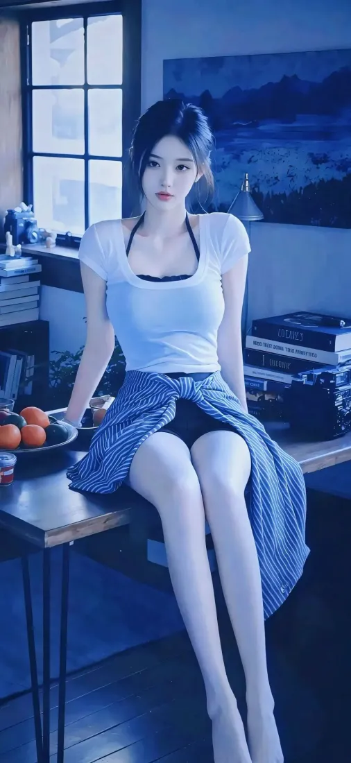 美女手机壁纸｜室内背景图 - 蓝色格子裙「哲风壁纸」