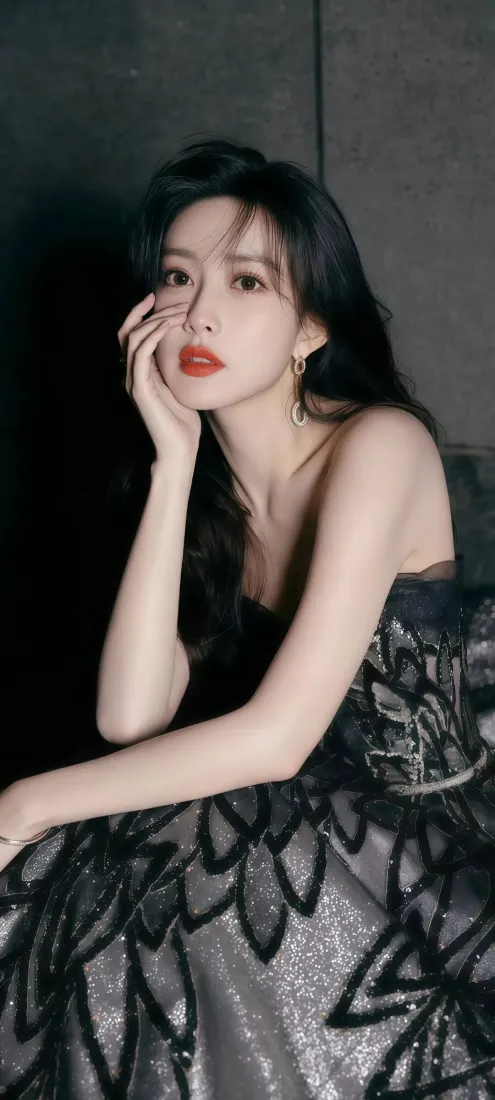 美女手机壁纸｜暗色背景图 - 黑礼服红唇「哲风壁纸」