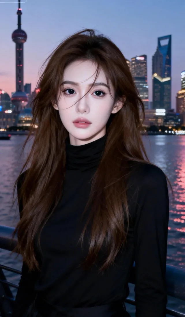 上海夜景美女手机壁纸｜黄浦江背景图片 - 黑色穿搭「哲风壁纸」