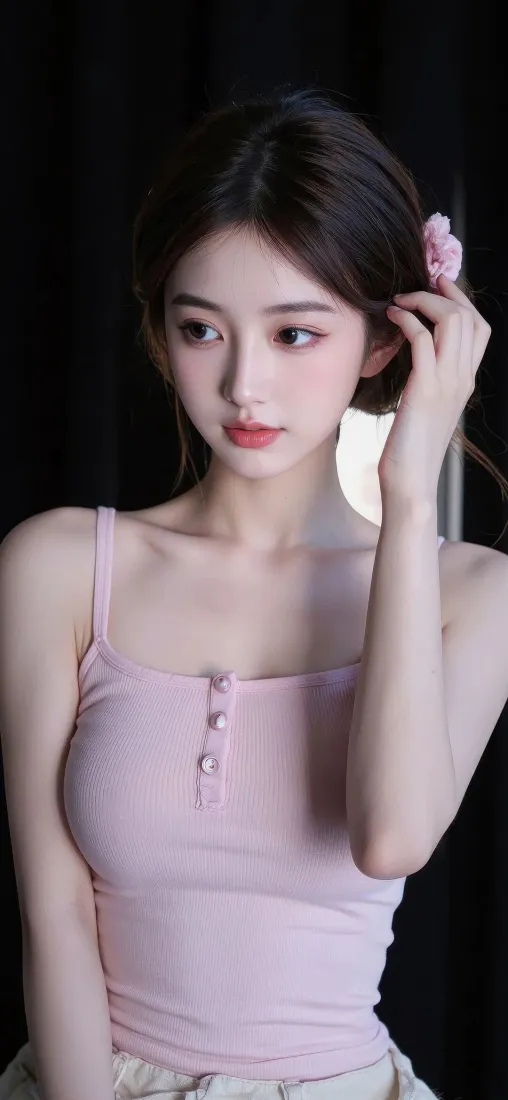 粉色吊带美女手机壁纸｜黑色背景图片 - 时尚「哲风壁纸」