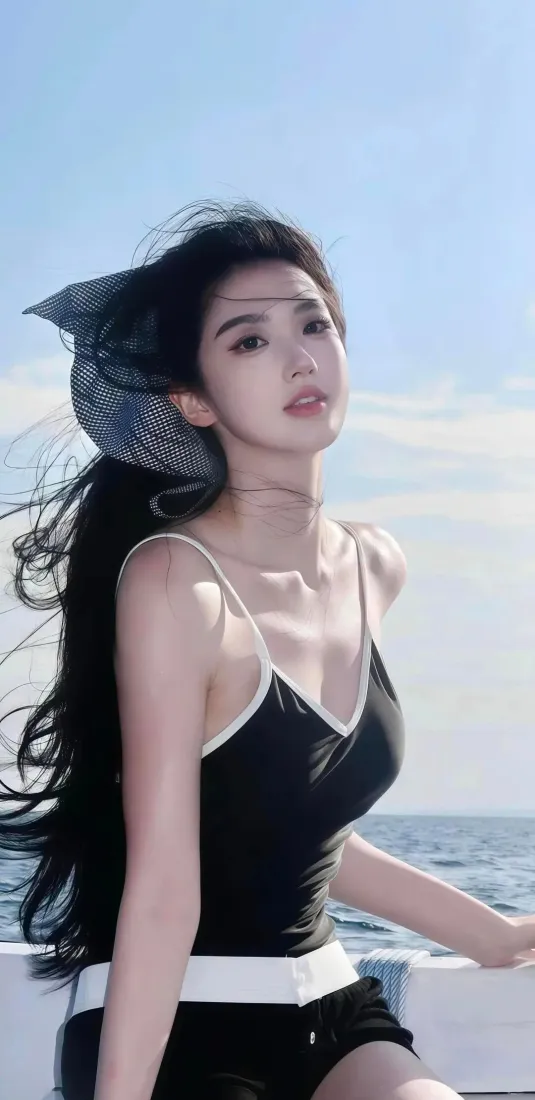 海边美女手机壁纸｜蓝天大海背景 - 黑色吊带短裤「哲风壁纸」