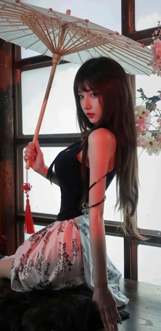 油纸伞美女手机壁纸｜室内窗台背景图片 - 黑衣花裙「哲风壁纸」