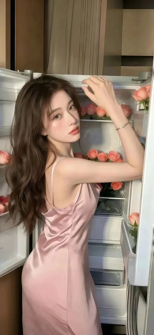 粉色吊带裙美女｜冰箱背景图片 - 居家优雅穿搭「哲风壁纸」
