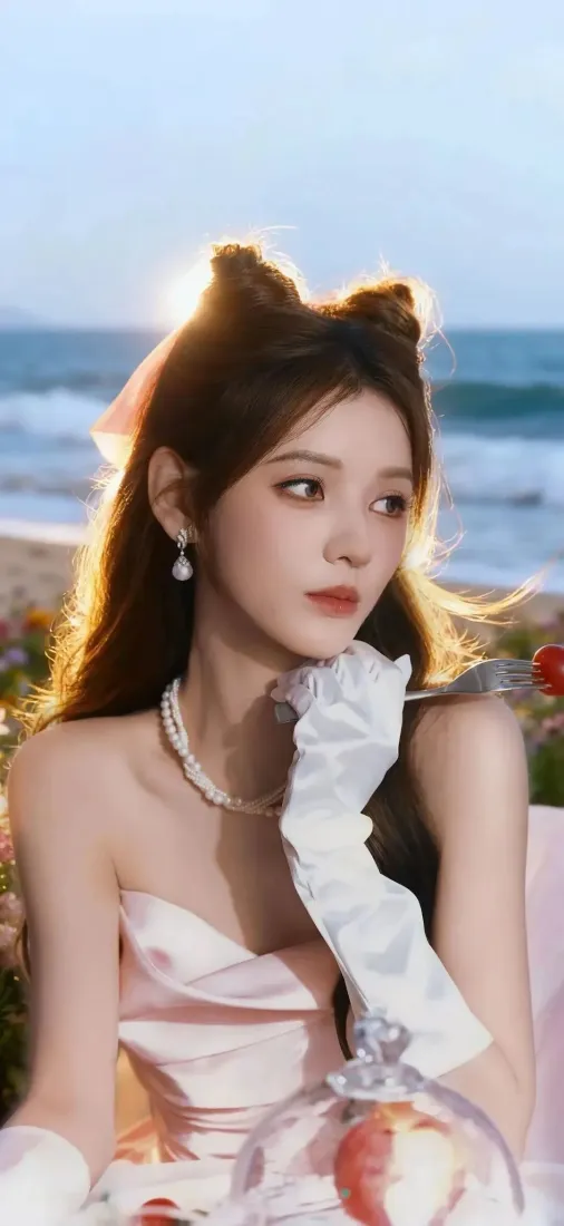 美女海边手机壁纸｜沙滩背景图 - 粉色抹胸裙「哲风壁纸」