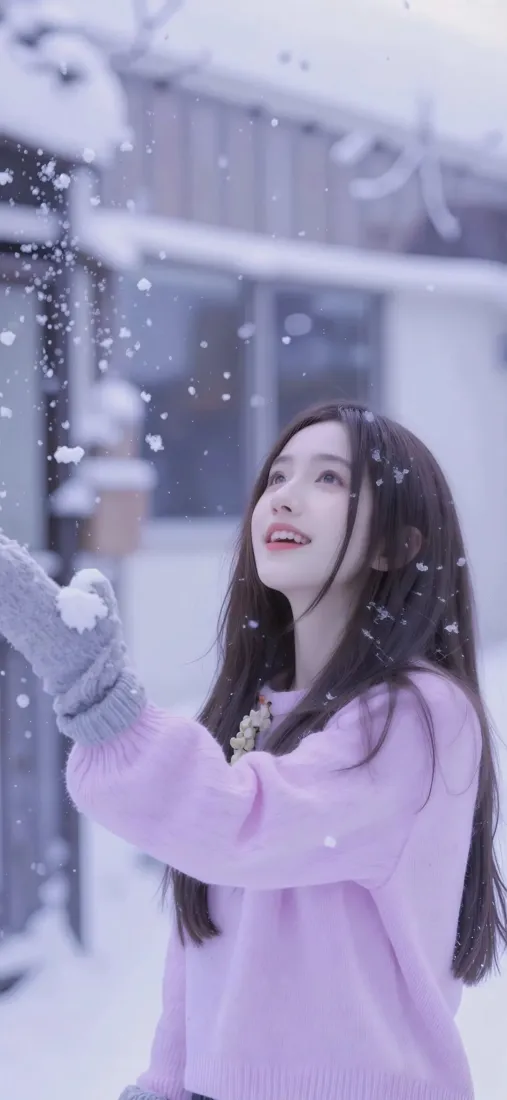 粉色毛衣美女手机壁纸｜雪景背景图片 - 冬日「哲风壁纸」