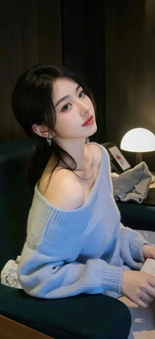 蓝衣美女手机壁纸｜室内背景图片 - 温柔气质「哲风壁纸」